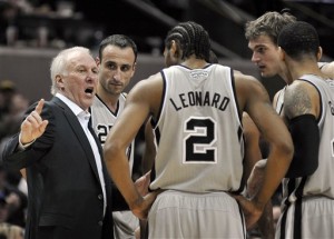 Danny Green, Tiago Splitter, Manu Ginobili, Kawhi Leonard, Gregg Popovich