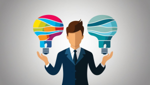 Businessman with a lightbulb on each side to representing two contrasting ideas