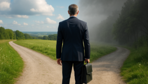 Businessman in suit standing at a crossroads, avoiding the 75%