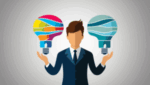 Businessman with a lightbulb on each side to representing two contrasting ideas